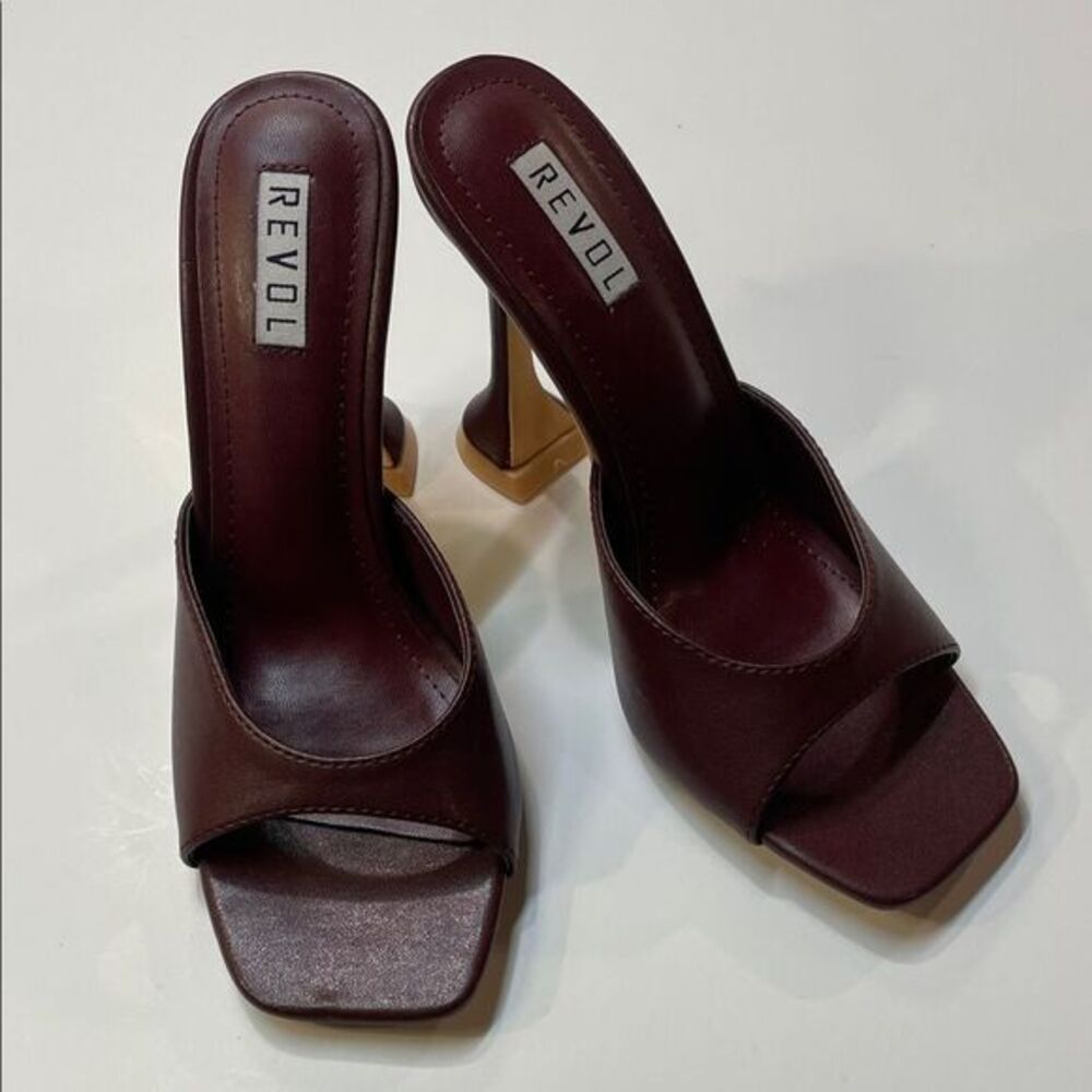 Revol Burgundy Square Toe Slip-On Heeled Mules Sculpted Heel Sandal Women’s Sz 7